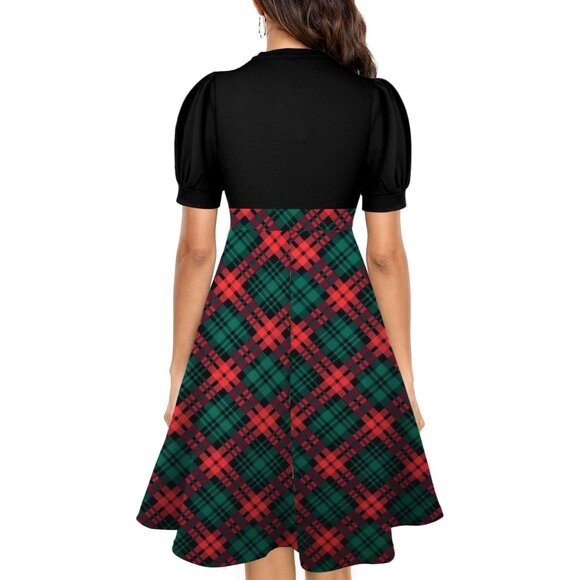 WomenBlack+ Plaid1 Short Puff Sleeve Flare Semi-Formal Summer Dress With Pockets - Picture 2 of 2